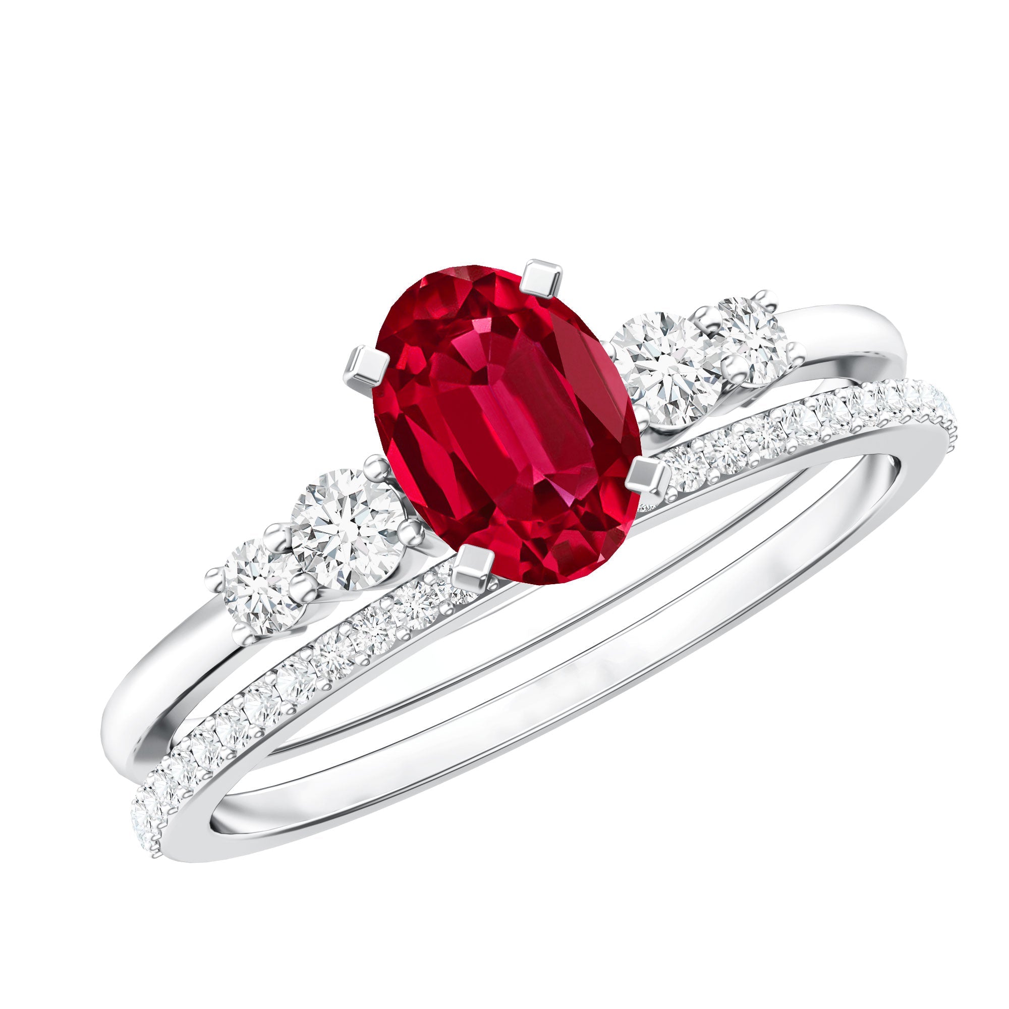 2 CT Oval Created Ruby Solitaire Ring Set with Diamond