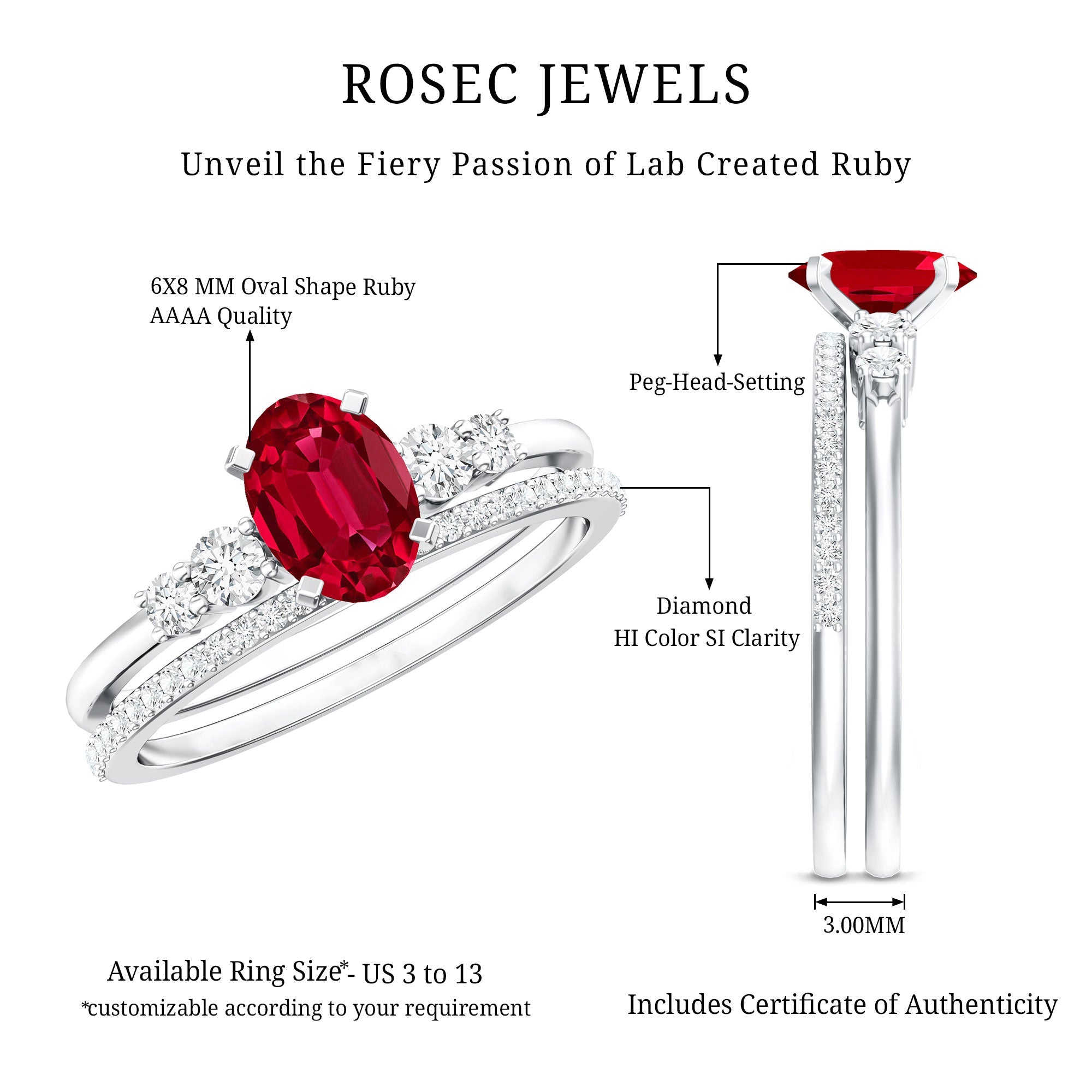 2 CT Oval Created Ruby Solitaire Ring Set with Diamond