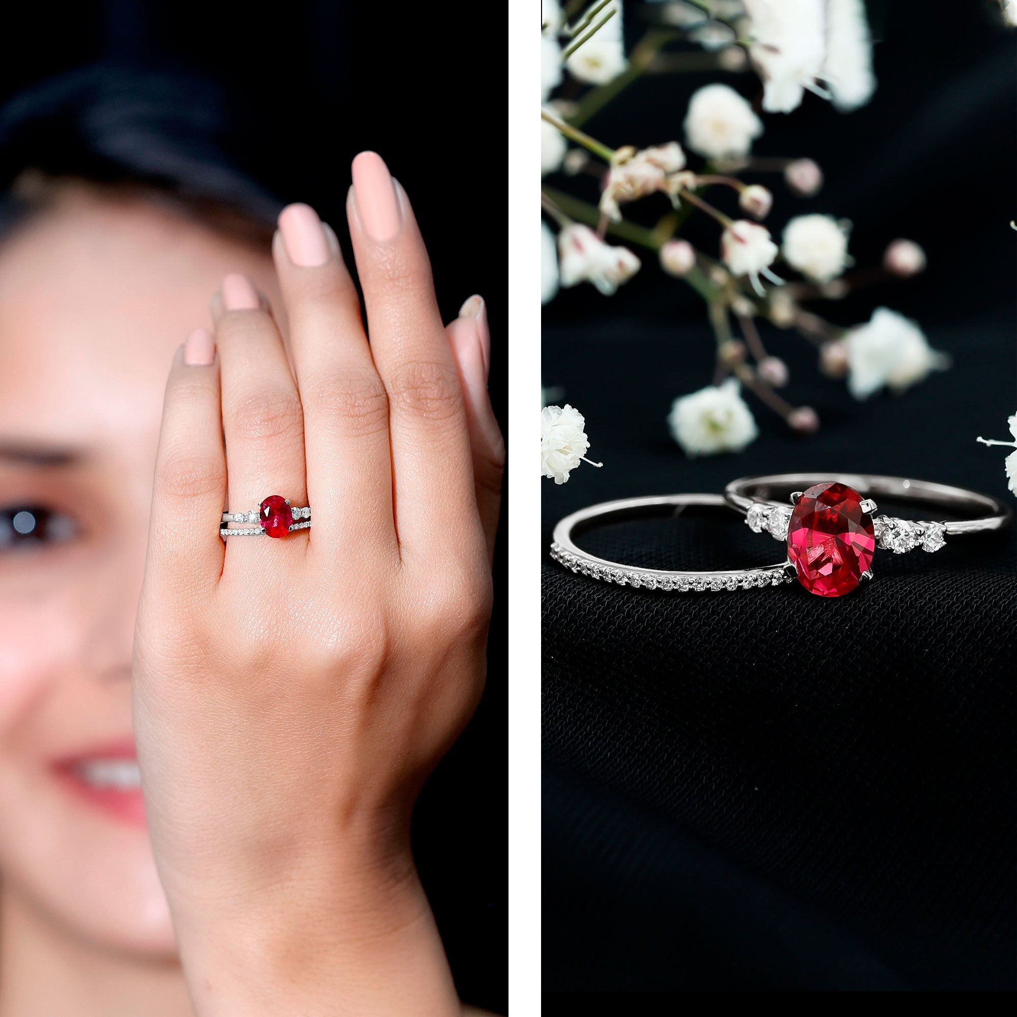2 CT Oval Created Ruby Solitaire Ring Set with Diamond
