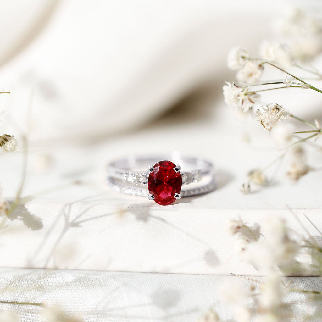 2 CT Oval Created Ruby Solitaire Ring Set with Diamond