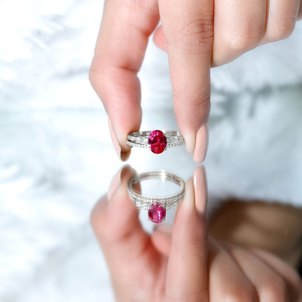 2 CT Oval Created Ruby Solitaire Ring Set with Diamond