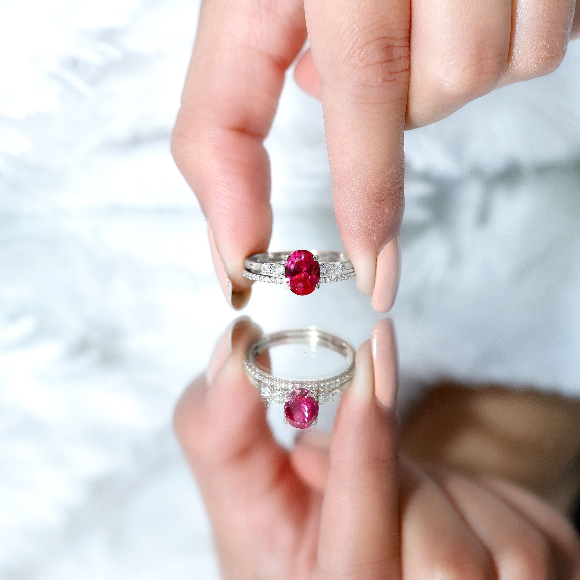 2 CT Oval Created Ruby Solitaire Ring Set with Diamond