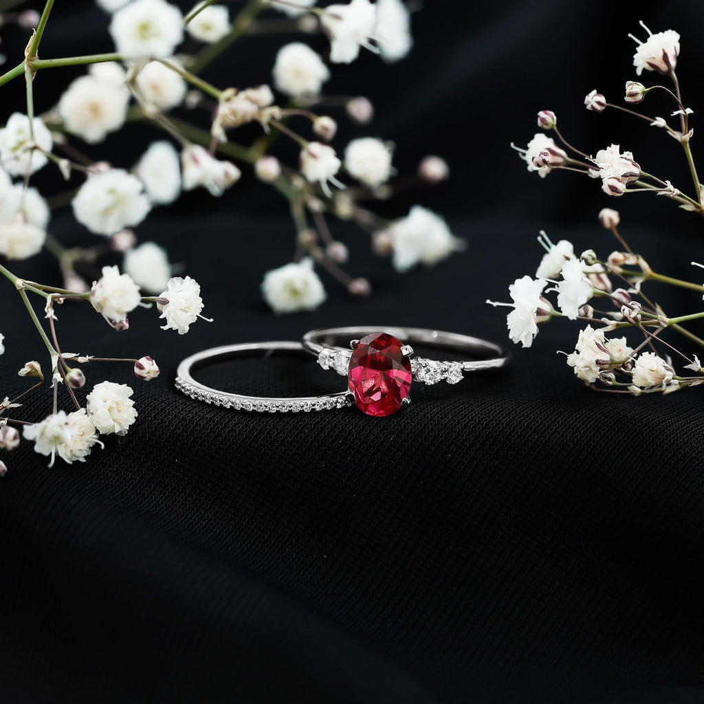 2 CT Oval Created Ruby Solitaire Ring Set with Diamond