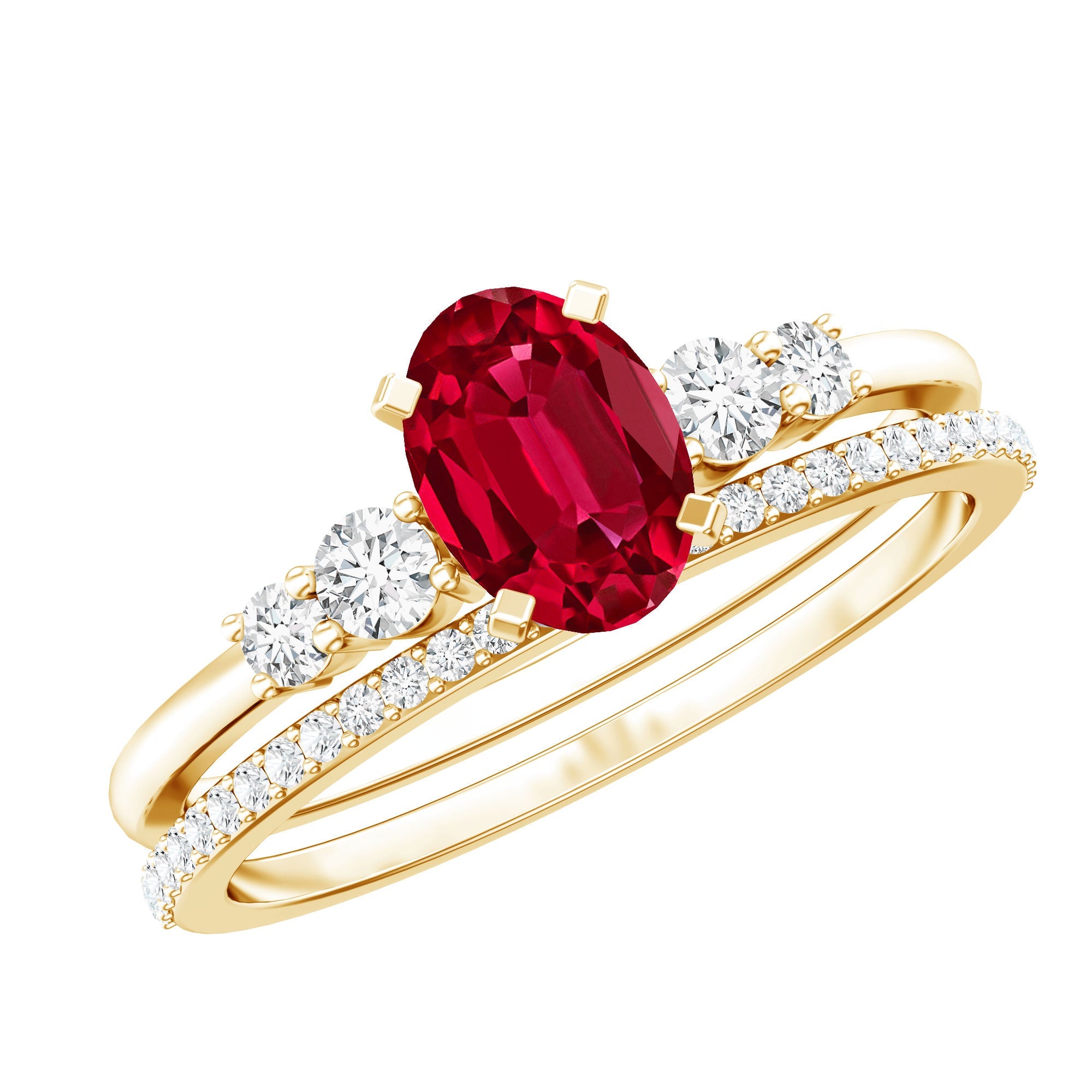 2 CT Oval Created Ruby Solitaire Ring Set with Diamond