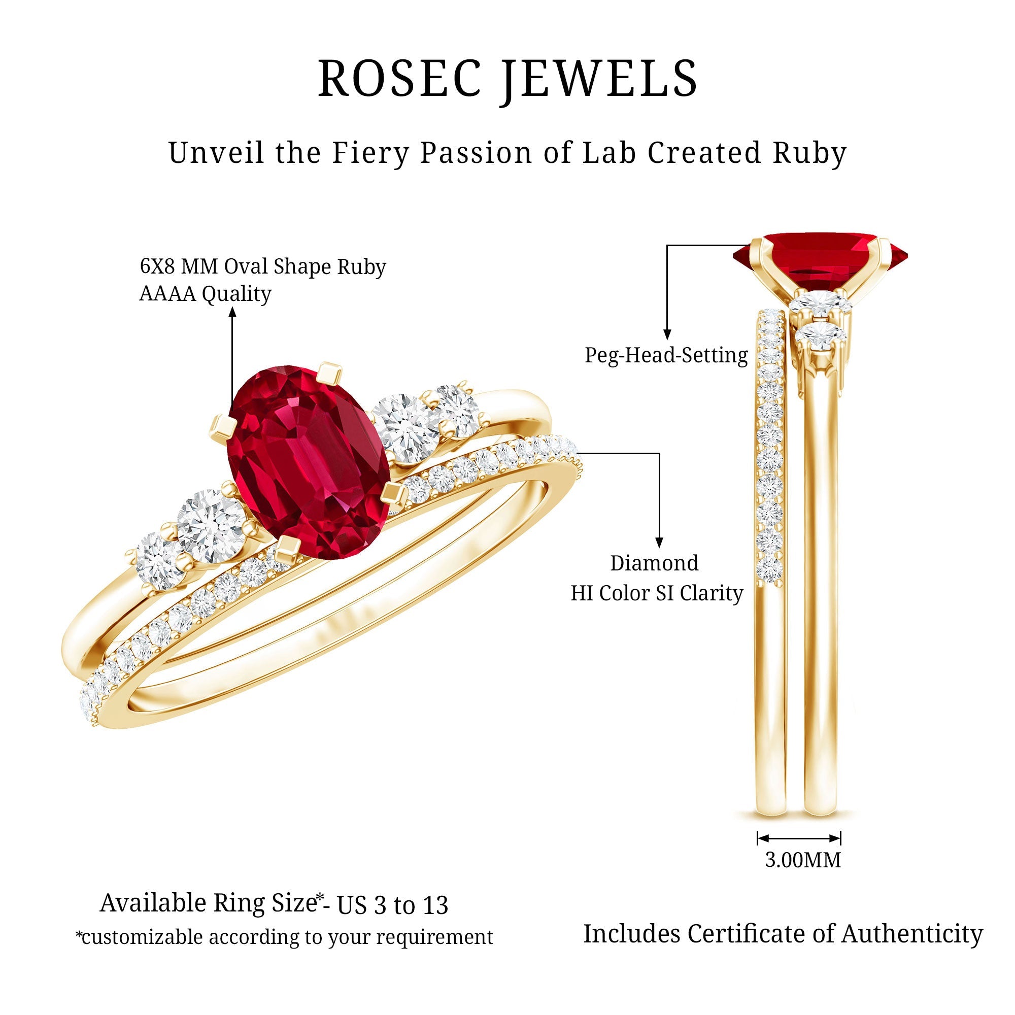 2 CT Oval Created Ruby Solitaire Ring Set with Diamond