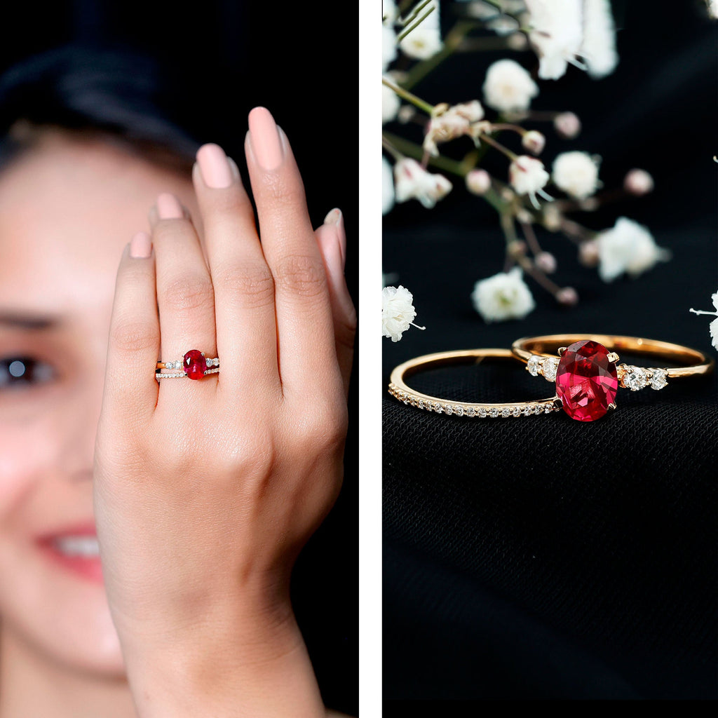 2 CT Oval Created Ruby Solitaire Ring Set with Diamond