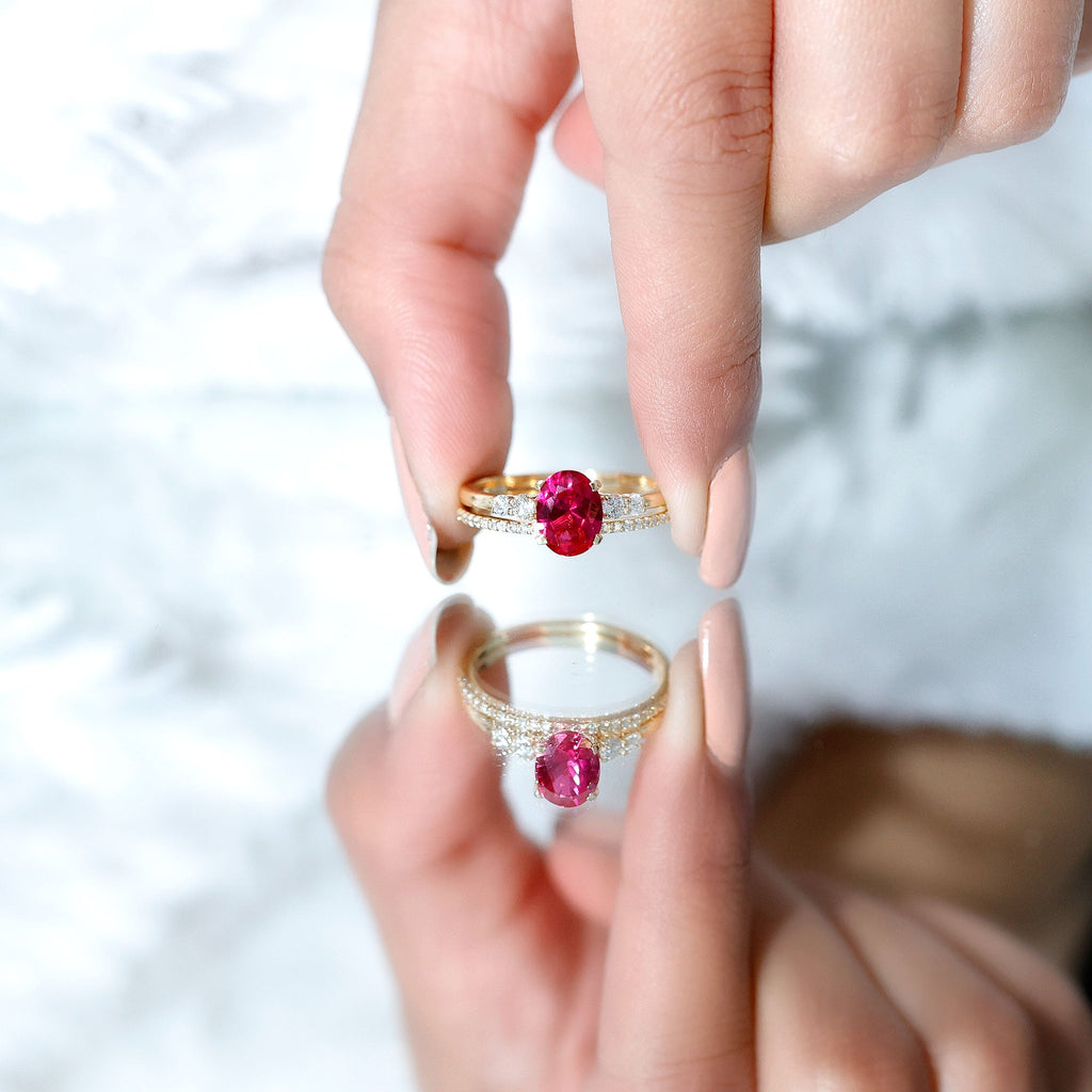 2 CT Oval Created Ruby Solitaire Ring Set with Diamond