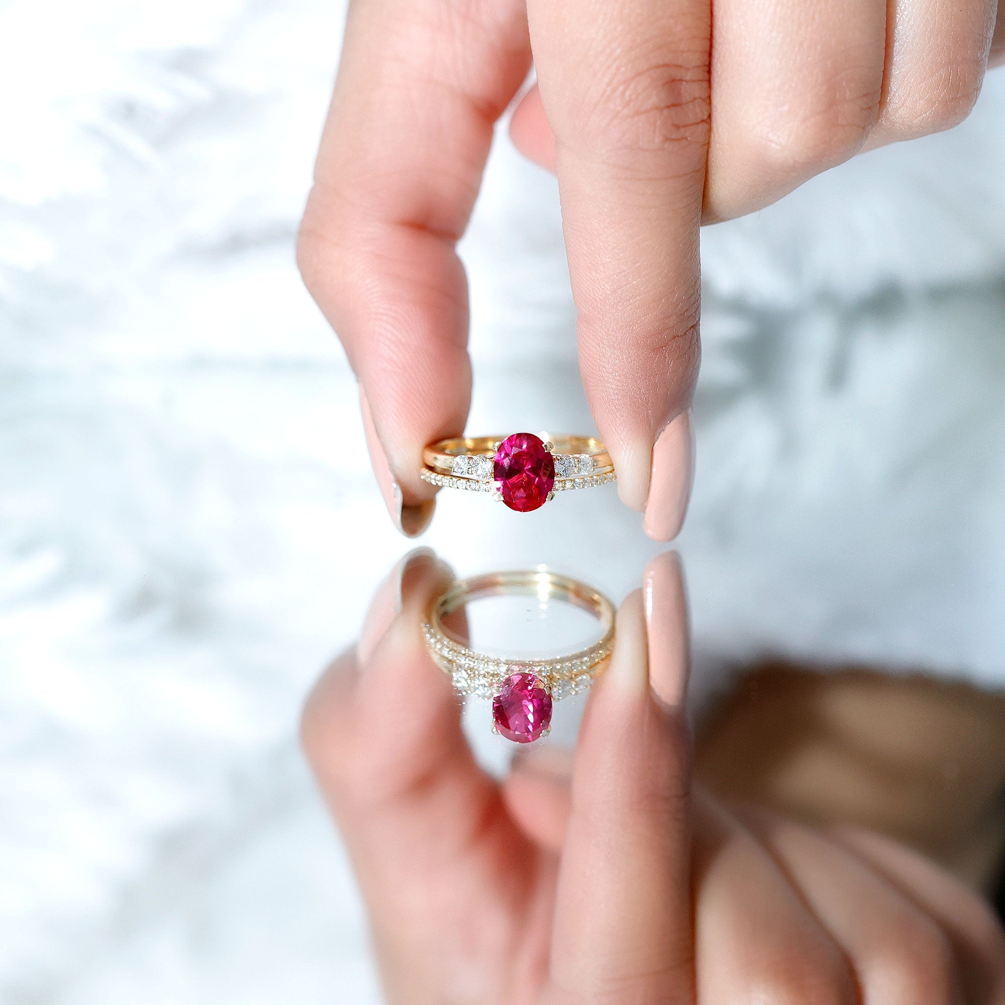 2 CT Oval Created Ruby Solitaire Ring Set with Diamond