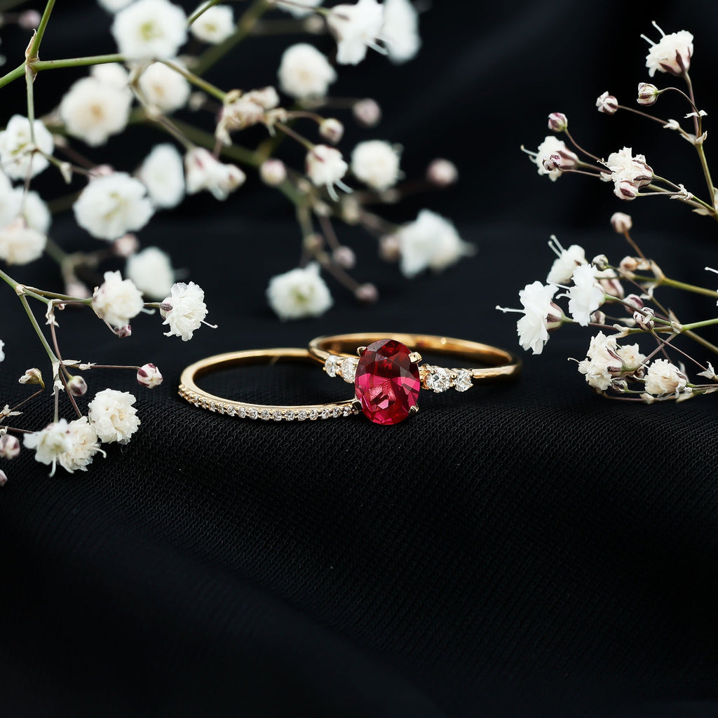 2 CT Oval Created Ruby Solitaire Ring Set with Diamond