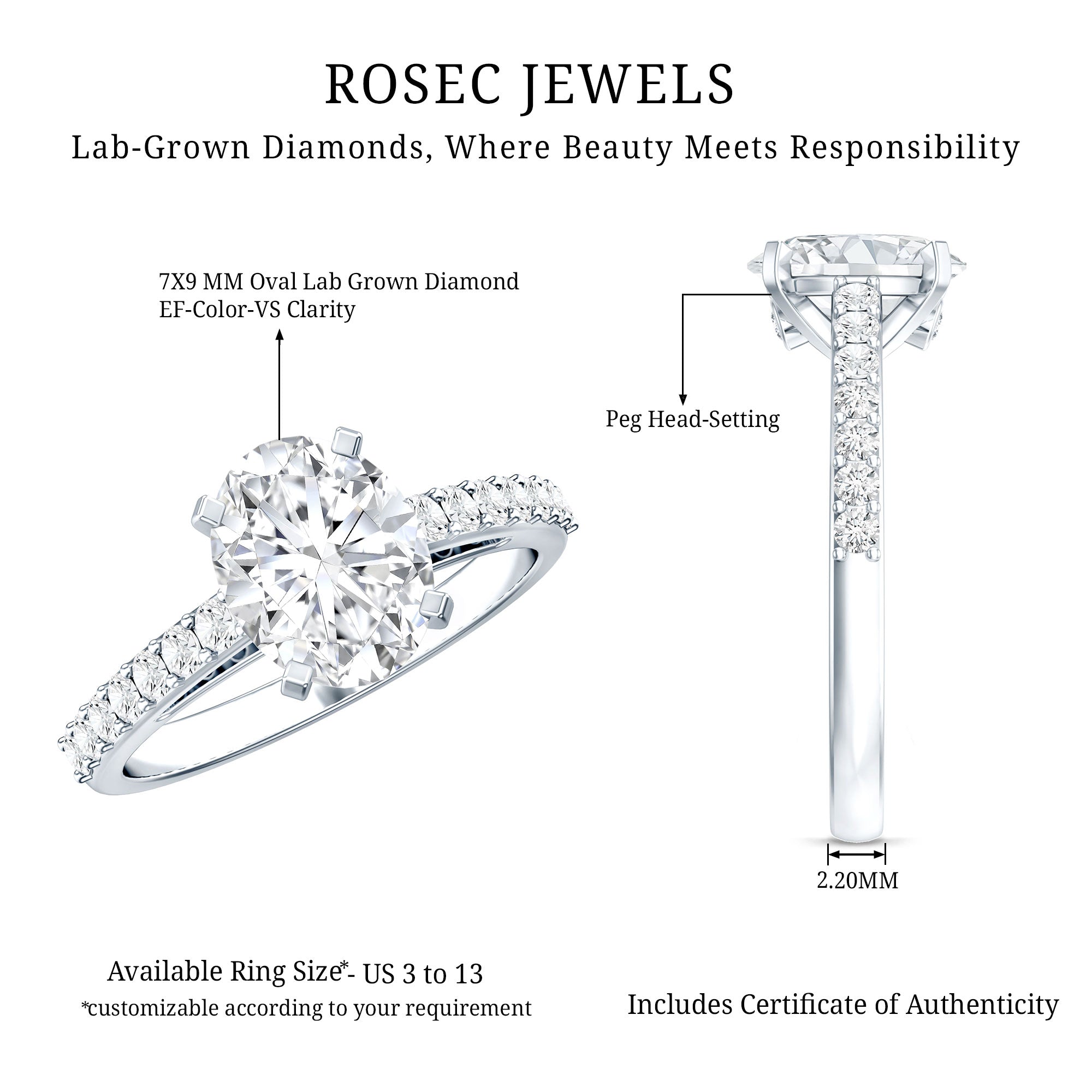 Certified Lab Grown Diamond 2 Carat Engagement Ring With Side Stones