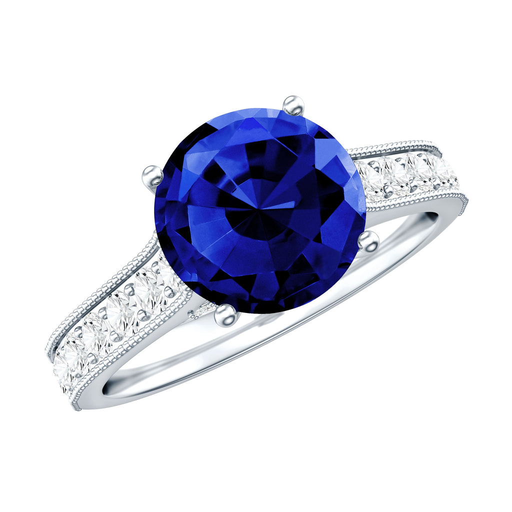 2.50 CT Created Blue Sapphire Solitaire Engagement Ring with Diamond and Milgrain Detailing