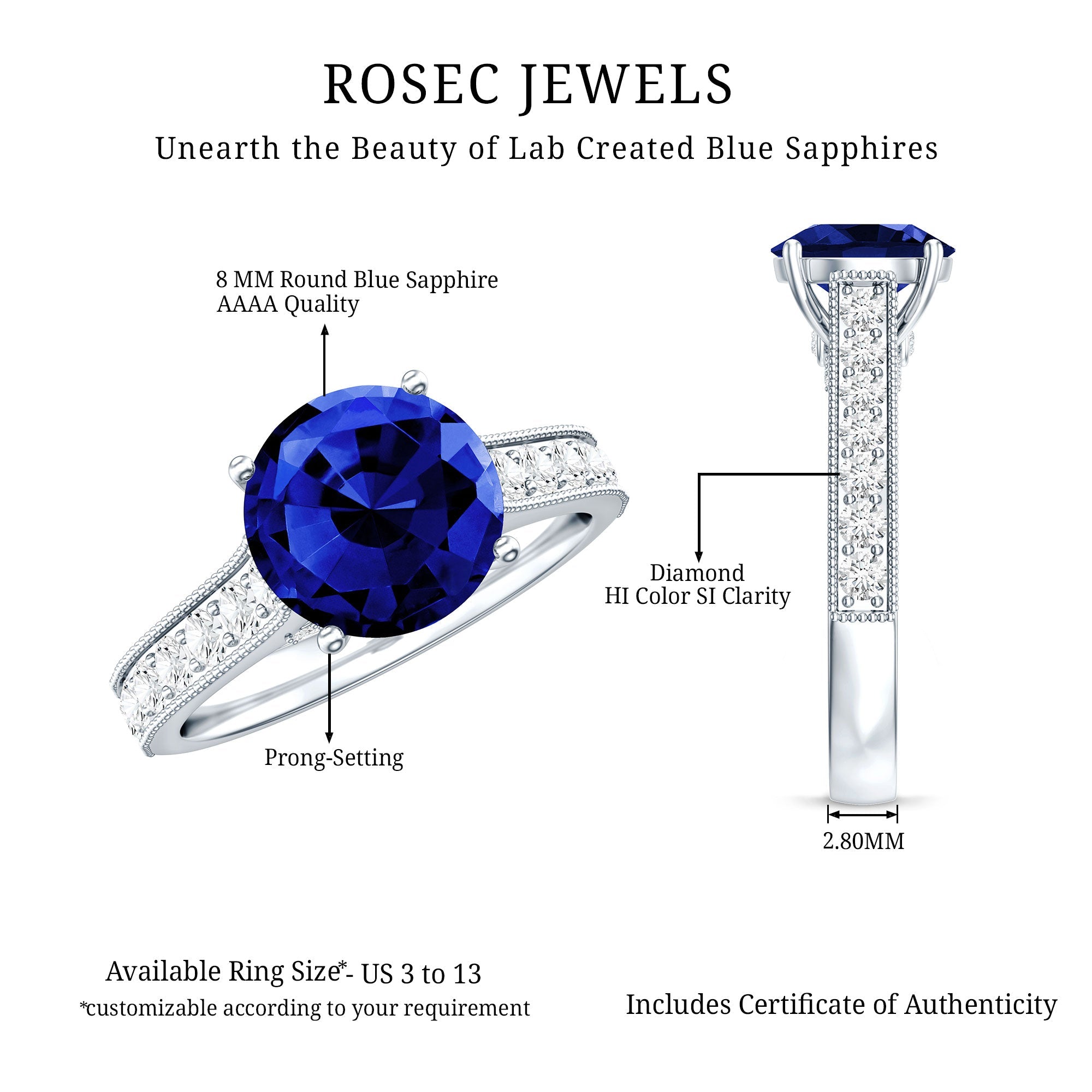 2.50 CT Created Blue Sapphire Solitaire Engagement Ring with Diamond and Milgrain Detailing