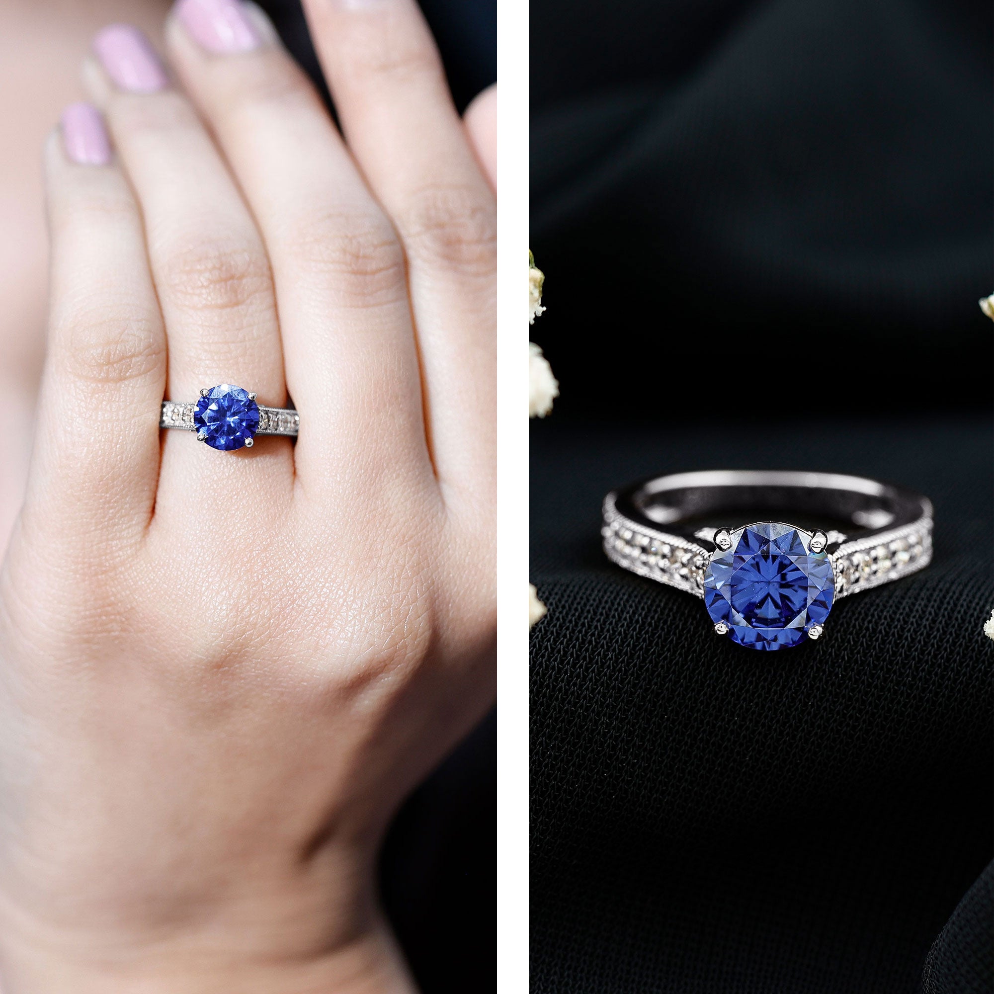 2.50 CT Created Blue Sapphire Solitaire Engagement Ring with Diamond and Milgrain Detailing