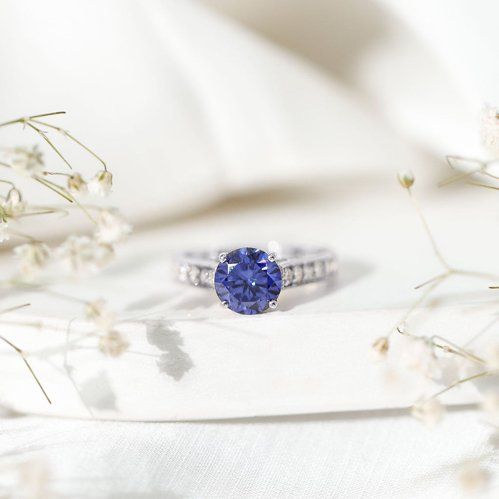 2.50 CT Created Blue Sapphire Solitaire Engagement Ring with Diamond and Milgrain Detailing