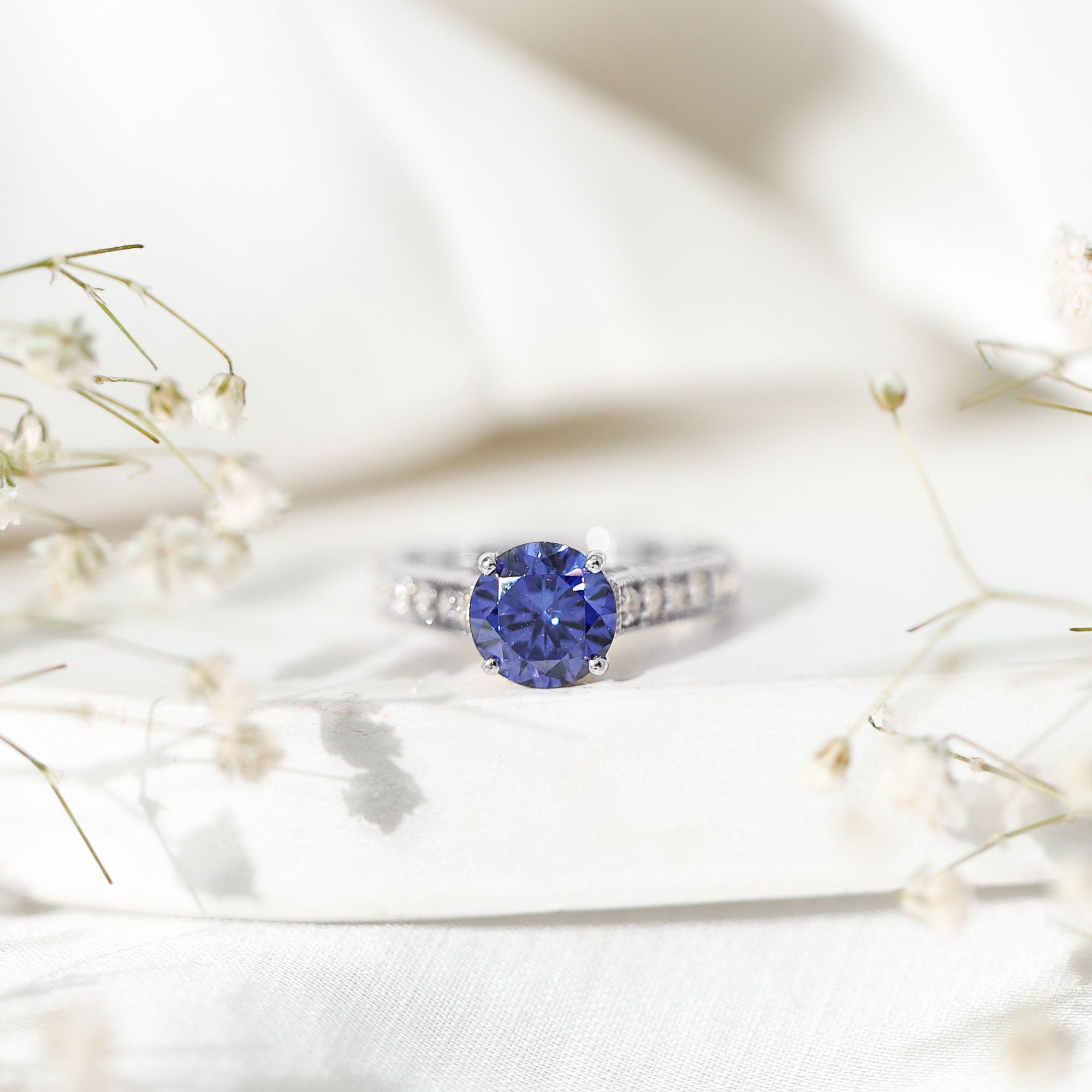 2.50 CT Created Blue Sapphire Solitaire Engagement Ring with Diamond and Milgrain Detailing