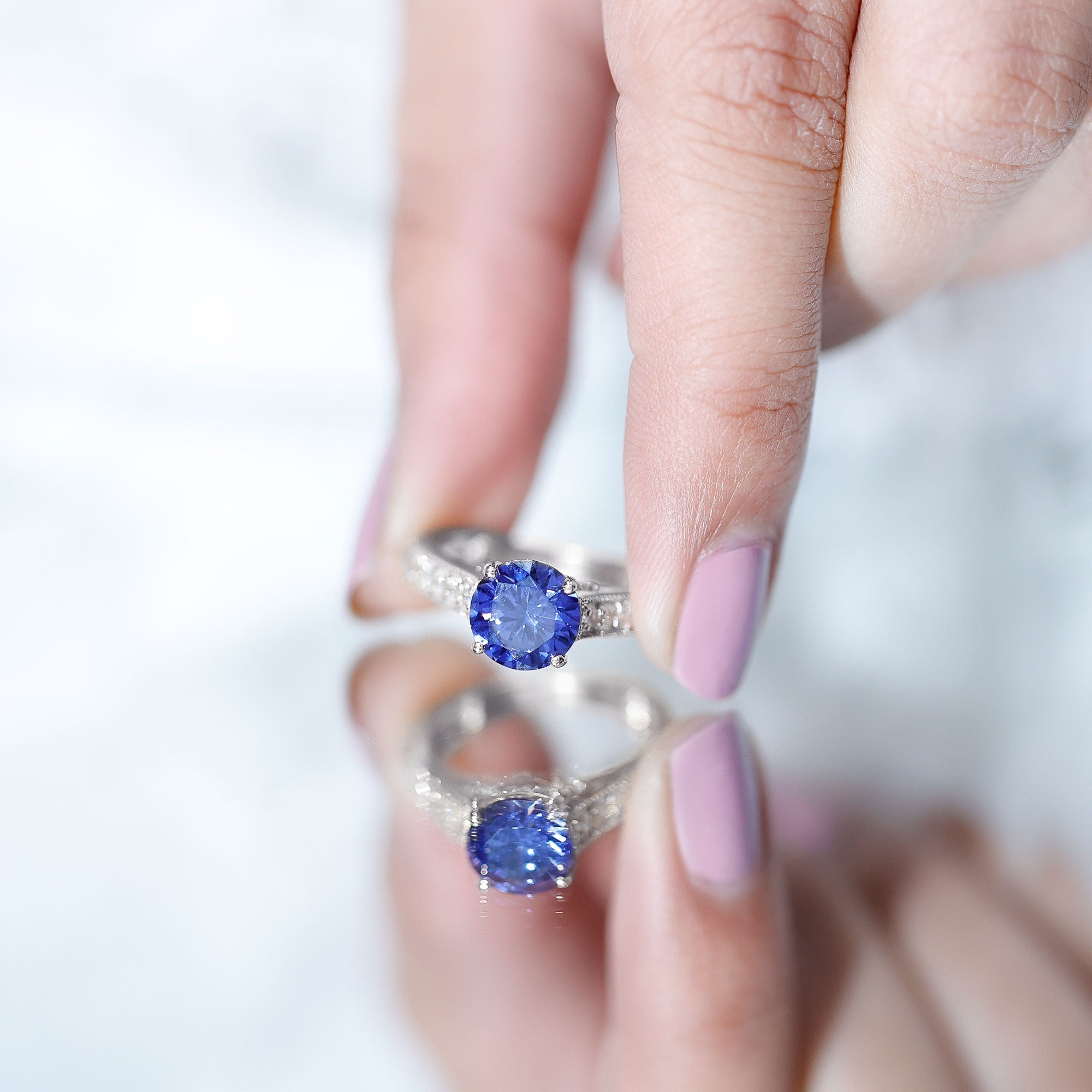 2.50 CT Created Blue Sapphire Solitaire Engagement Ring with Diamond and Milgrain Detailing