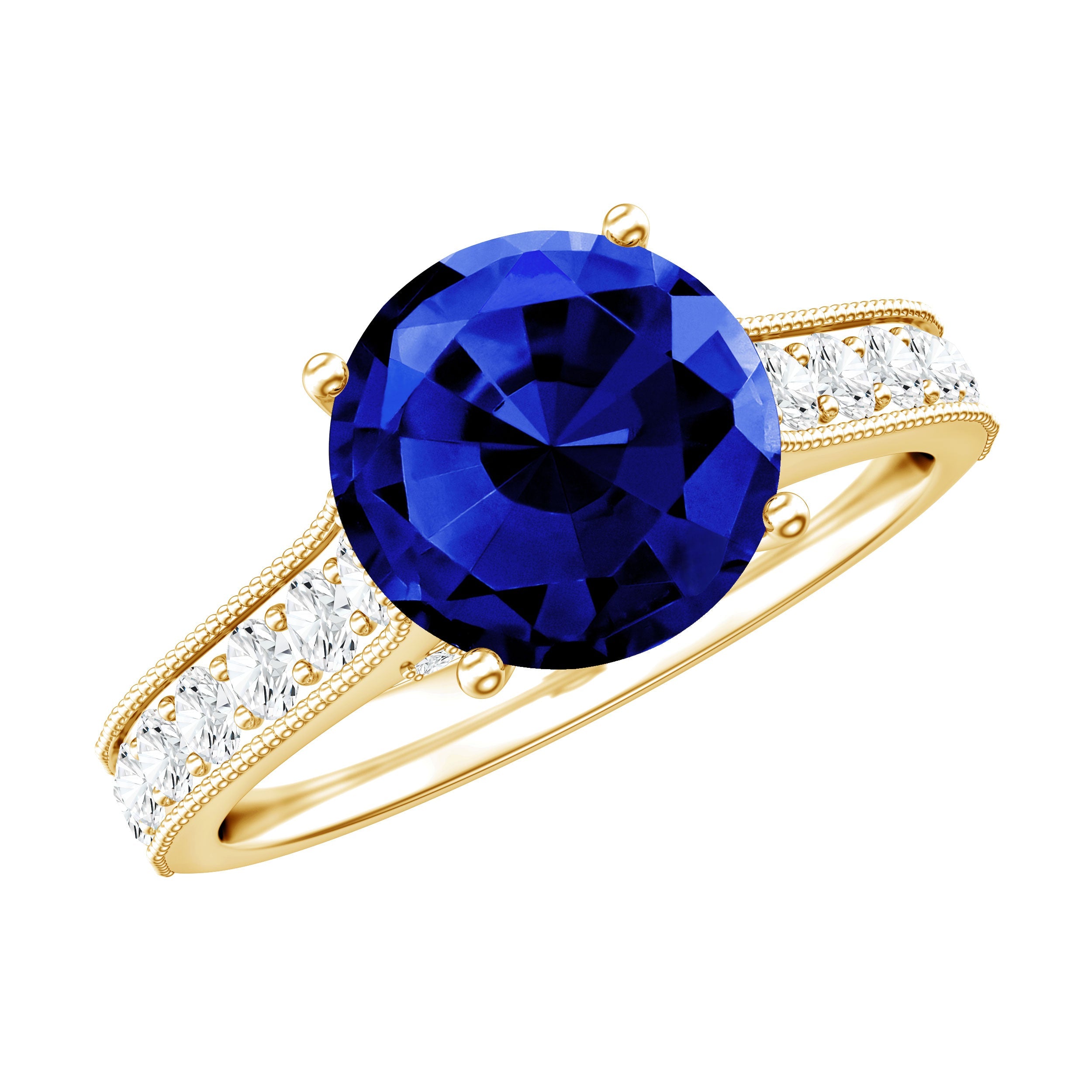 2.50 CT Created Blue Sapphire Solitaire Engagement Ring with Diamond and Milgrain Detailing