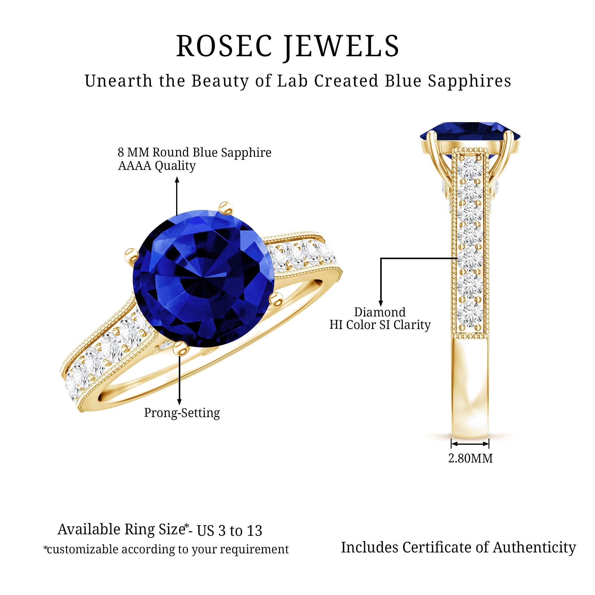 2.50 CT Created Blue Sapphire Solitaire Engagement Ring with Diamond and Milgrain Detailing