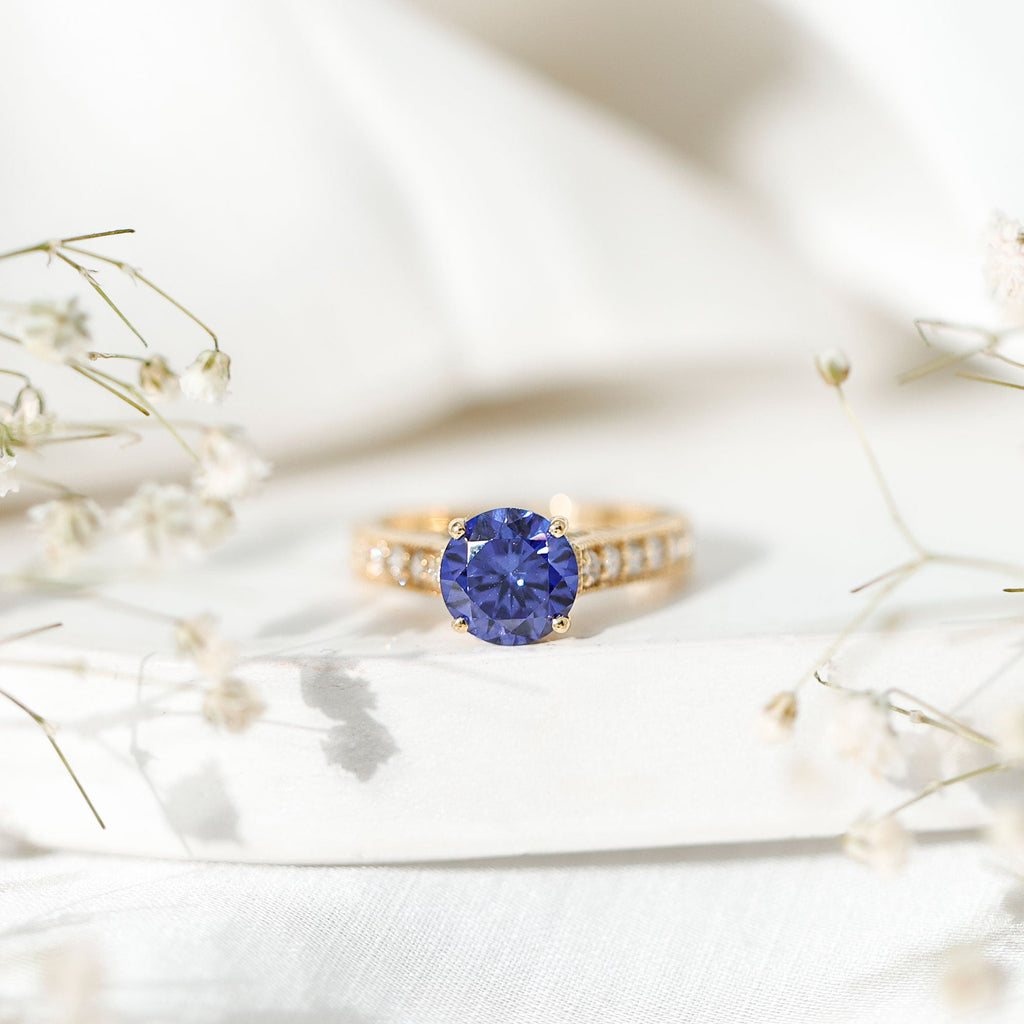 2.50 CT Created Blue Sapphire Solitaire Engagement Ring with Diamond and Milgrain Detailing