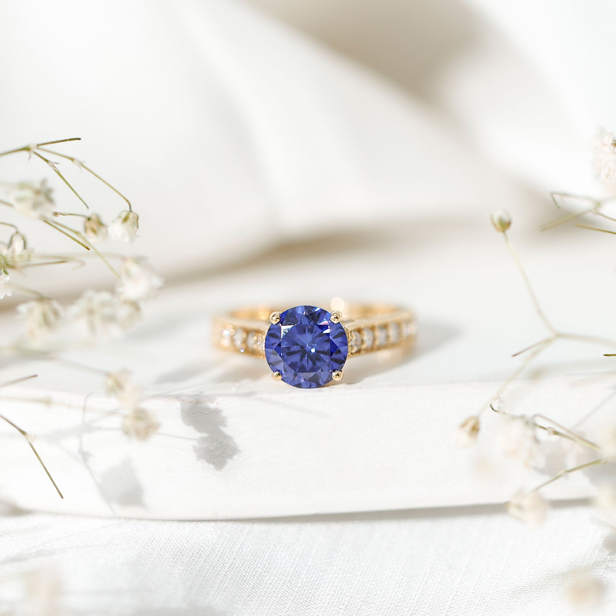 2.50 CT Created Blue Sapphire Solitaire Engagement Ring with Diamond and Milgrain Detailing
