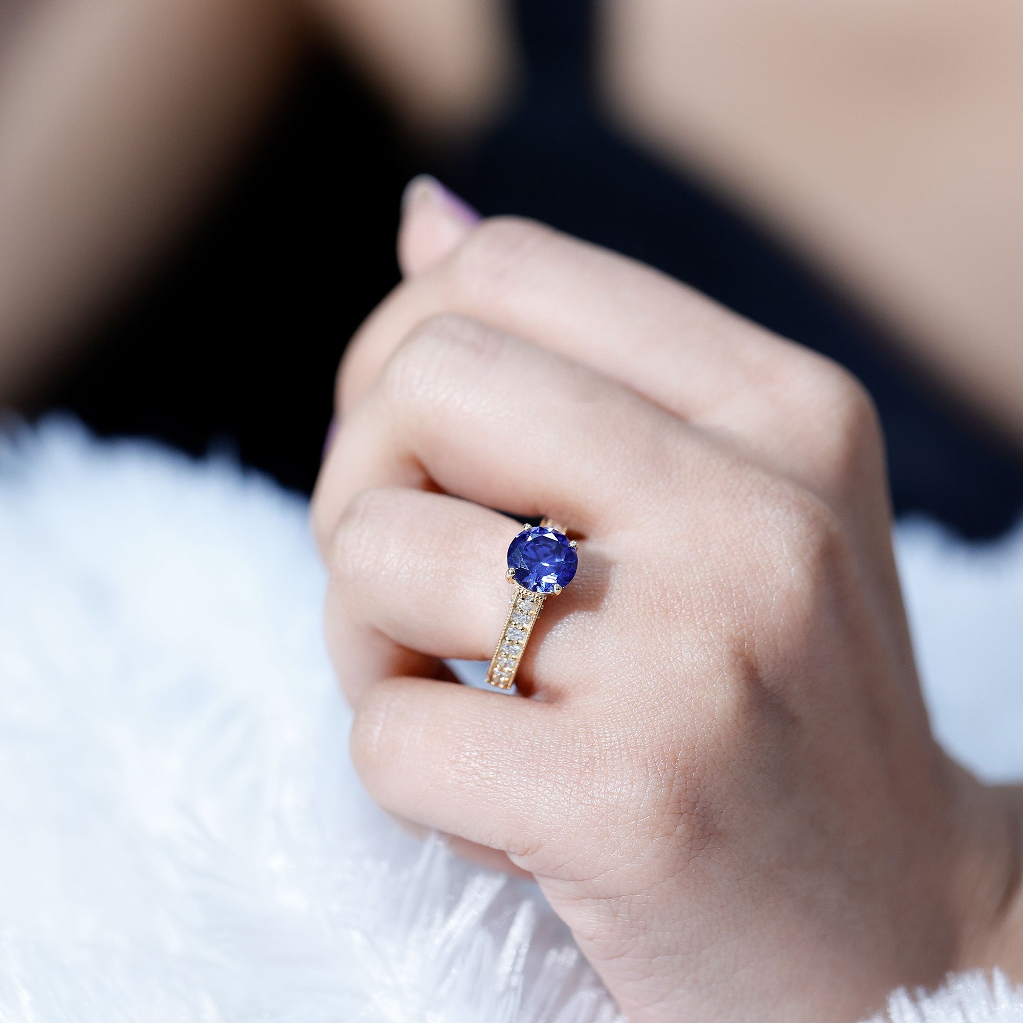 2.50 CT Created Blue Sapphire Solitaire Engagement Ring with Diamond and Milgrain Detailing