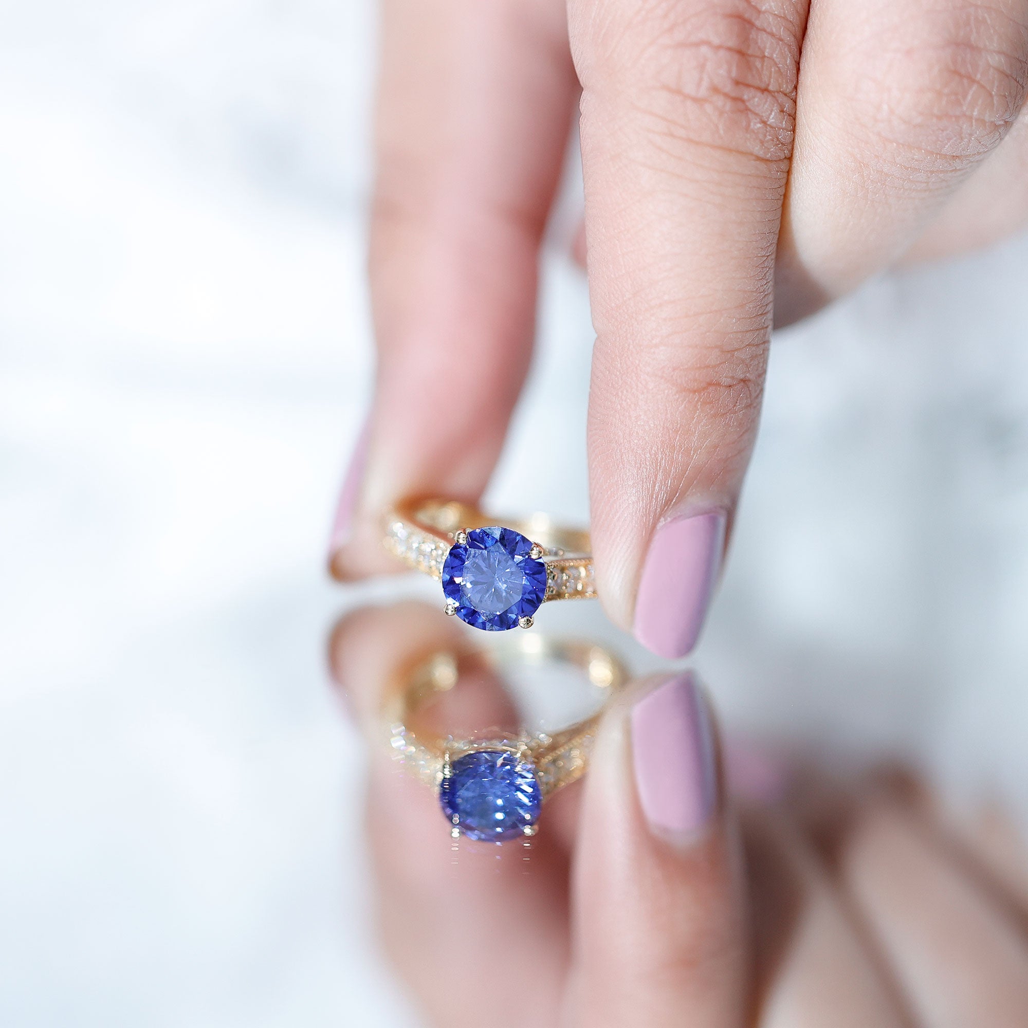 2.50 CT Created Blue Sapphire Solitaire Engagement Ring with Diamond and Milgrain Detailing