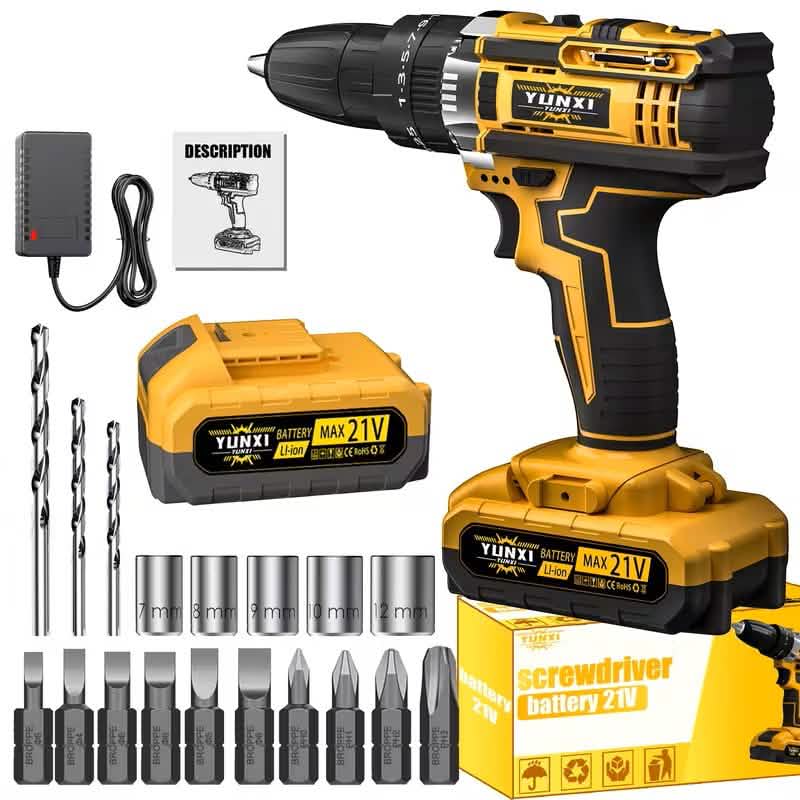 21V Cordless Brushless Impact Wrench Drill Kit – Lithium Drill + Battery x1, 4000mAh Battery, Toolbox & Accessories